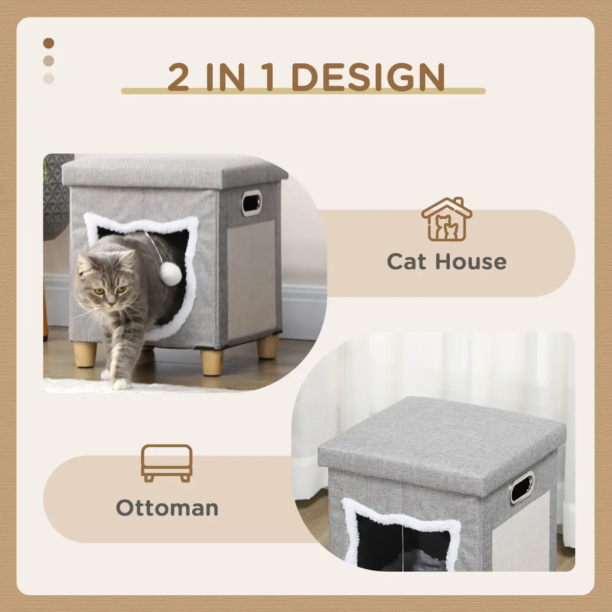 PawHut PawHut 2 in 1 Cat Bed Ottoman w/ Removable Cushion, Handles, Scratching Pad - Cat Beds