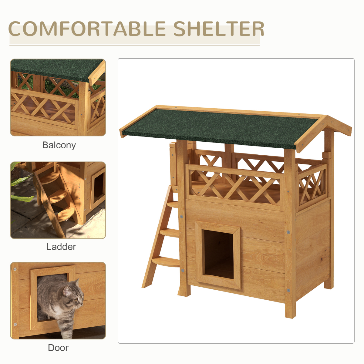 Outdoor Cat House With Balcony And Stairs PawHut Natural Fir Wood Elevated Weatherproof Roof