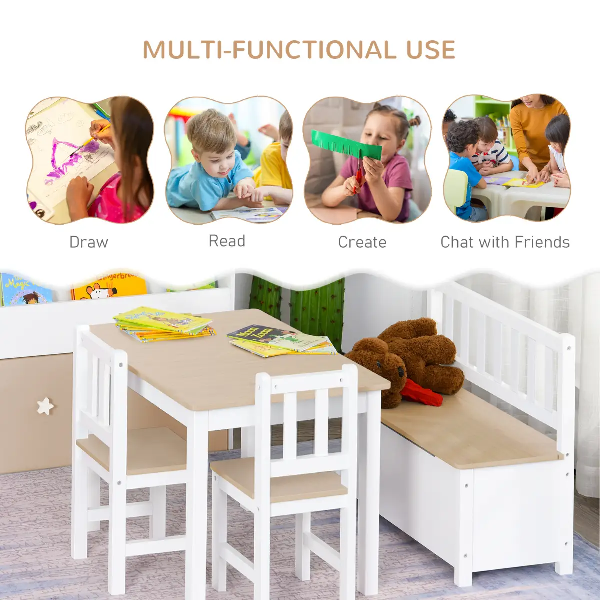 Unbranded 4-Piece Set Kids Wood Table Chair Bench Storage Function for 3 Years+ HOMCOM - Garden Set