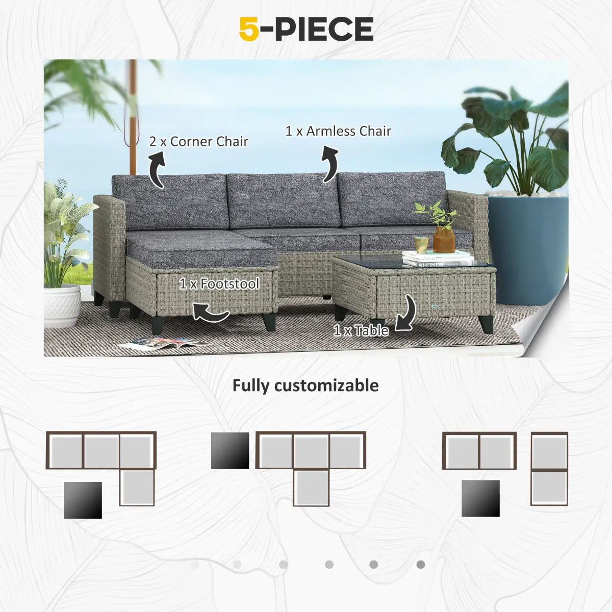 Outsunny Outsunny 5 PCs Rattan Garden Furniture Set with Glass Coffee Table Dark Grey - Garden Set