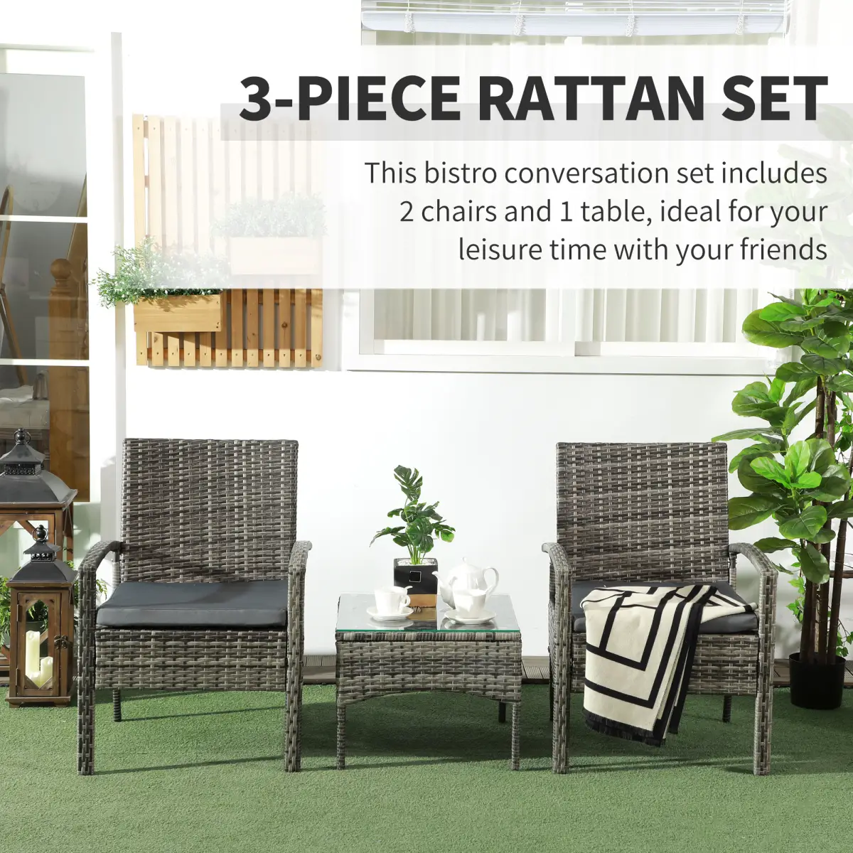 Outsunny Outsunny 3PC Garden Rattan Bistro Set Balcony Dining Table Chair Mixed Grey - Garden Set