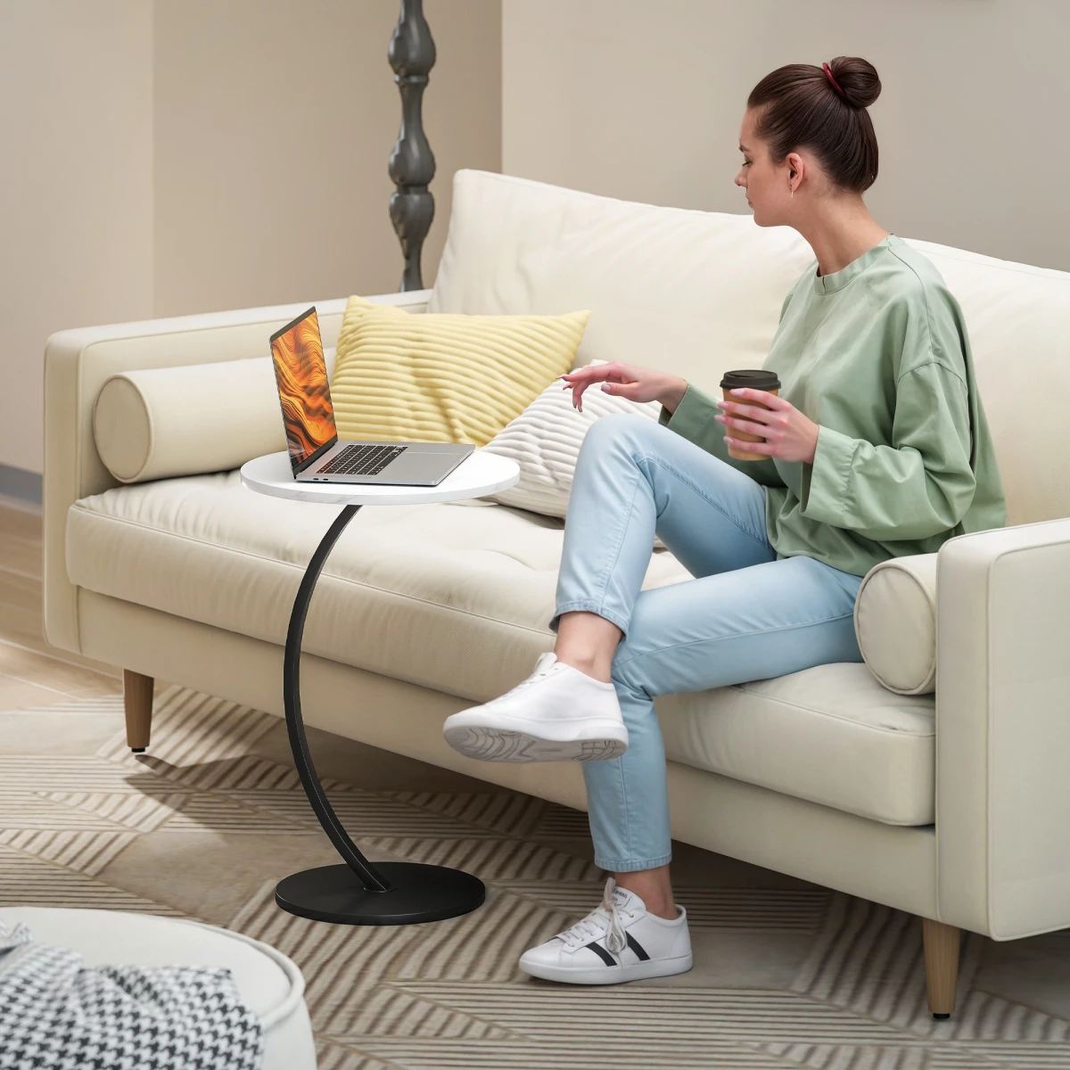 N/A Premium Rattan Coffee Table Compact Marble Surface C Shaped Sliding Sofa Bedside - Coffee Table
