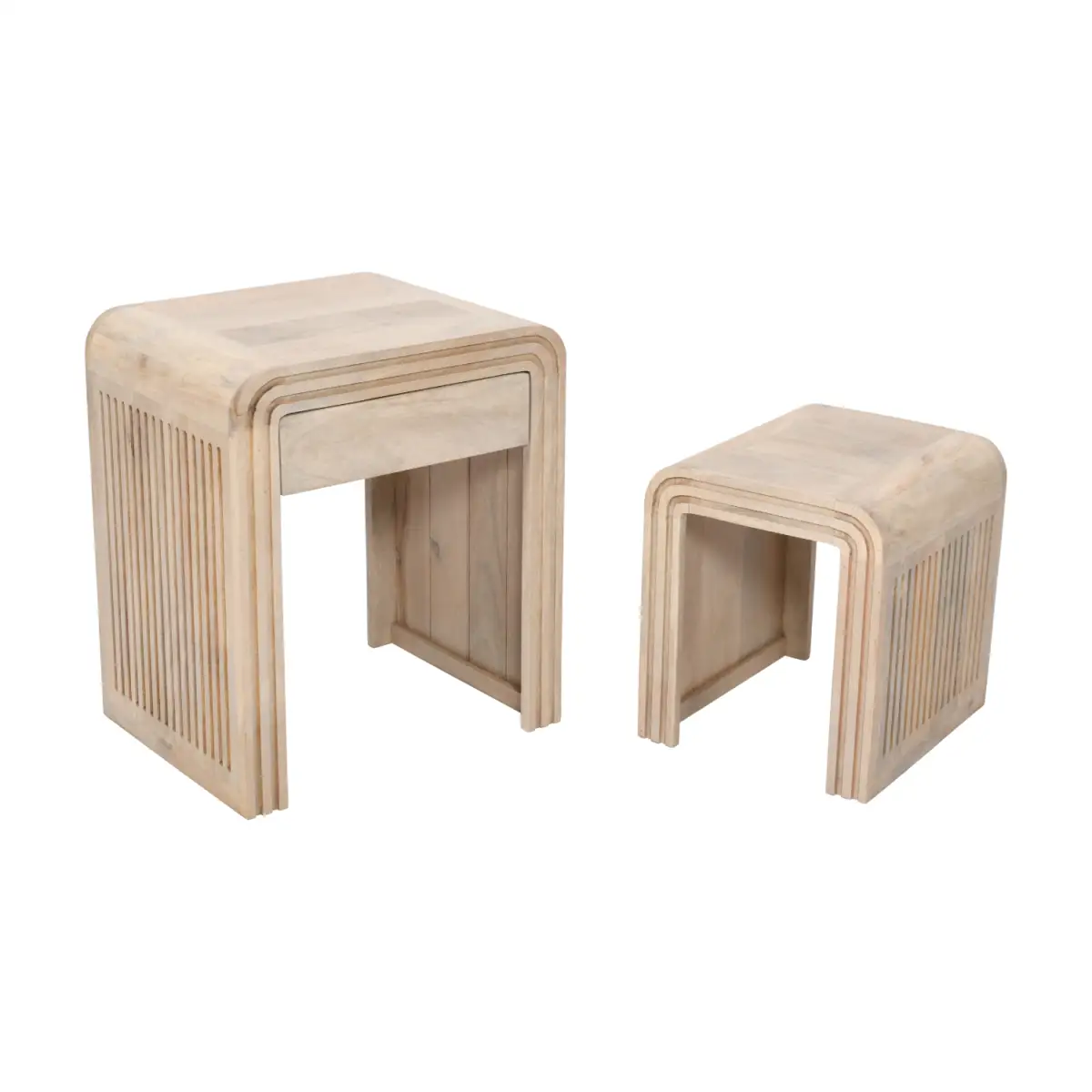 Indian Hub Hudson Carved Mango Wood Nest Of 2 Tables With Drawer - Nest of Tables