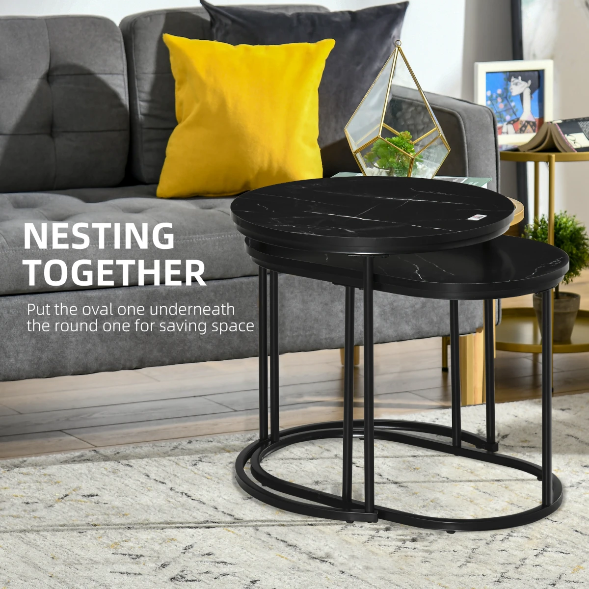 HOMCOM HOMCOM Two Piece Marble Top Side Tables Round And Oval Black Steel Frames Living Room Set - Coffee Table