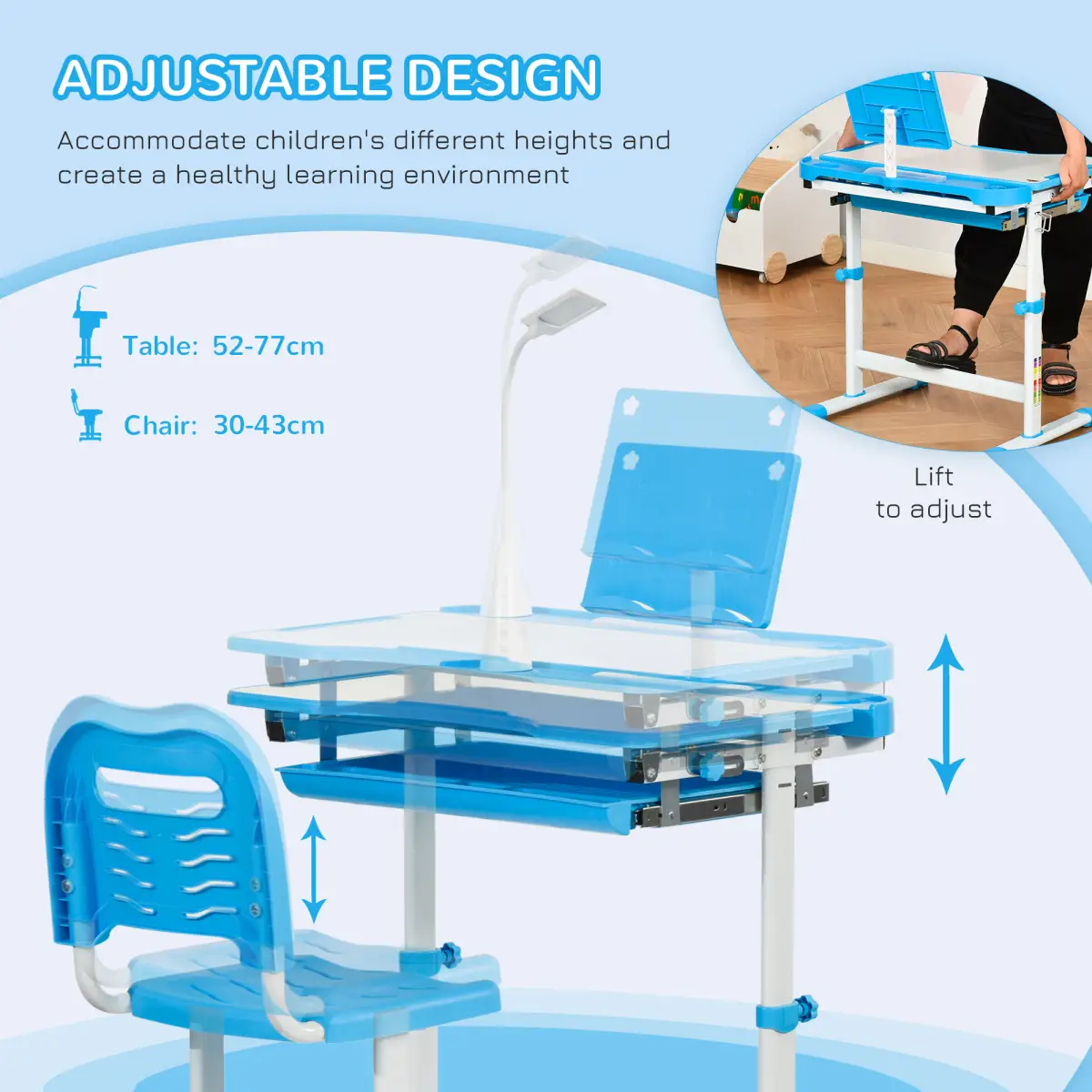 HOMCOM HOMCOM Kids Study Desk and Chair Set w/ USB Lamp, Adjustable Height, Blue - Desk