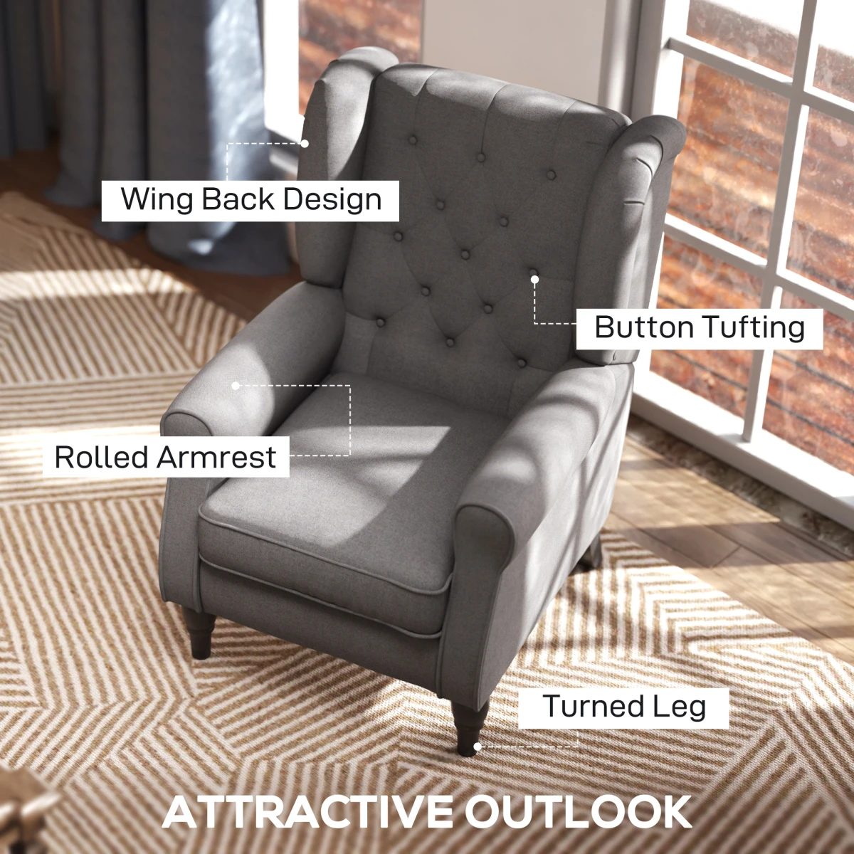 HOMCOM Accent Armchair Standard Tufted Wingback Grey Fabric Home - Armchair