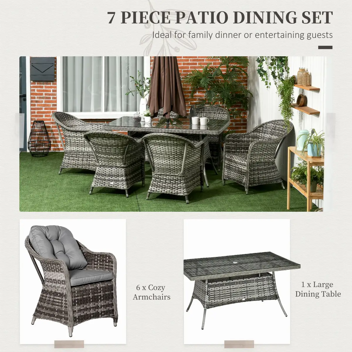 Outsunny Outsunny 7 Pieces Rattan Dining Sets w/ Tempered Glass Umbrella Hole Table - Garden Set