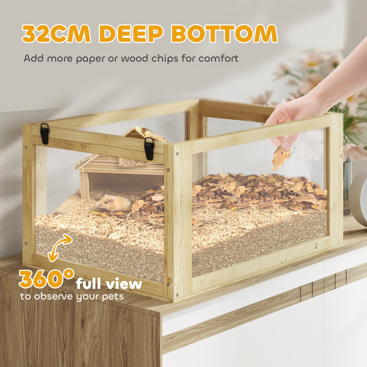 PawHut Wooden Hamster Cage w/ Detachable Bottom, Hut, Seesaw, 60 x 40 x 75cm - from PawHut