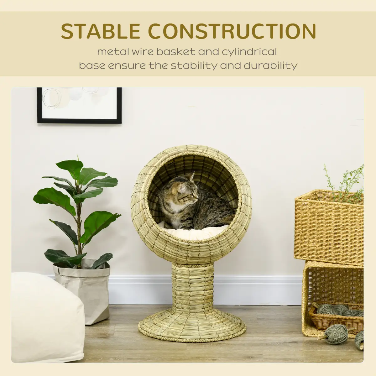 PawHut PawHut Raised Cat House, Natural Mat Grass Cat Bed w/ Stand Cushion, 41x 69 cm - Cat House