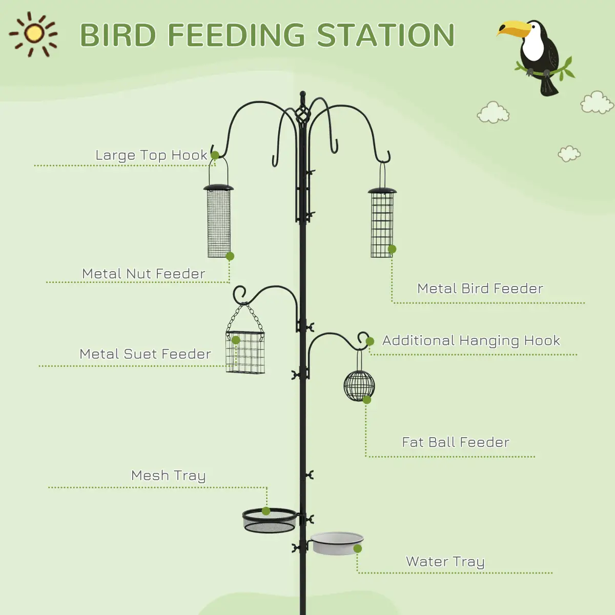 Pawhut Bird Feeding Station Kit Wild Bird Feeder Pole w/ 6 Hooks 4 Hanging Feeders - Bird Feeder