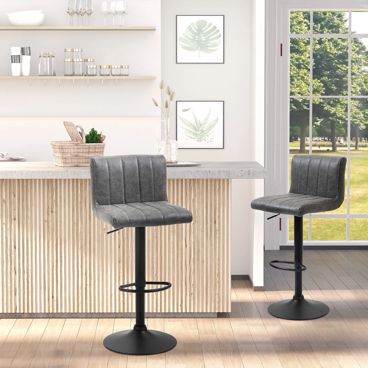 Homcom HOMCOM Premium Bar Stools Set Of 2 Adjustable Height With Footrest Grey PU Leather For Home Kitchen - Bar Stool