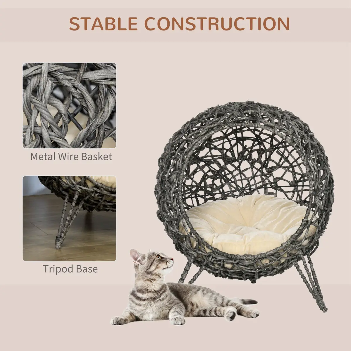 PawHut Rattan Elevated Cat House Kitten Basket Pet Bed w/ Cushion - Silver-Tone, Grey - Cat House