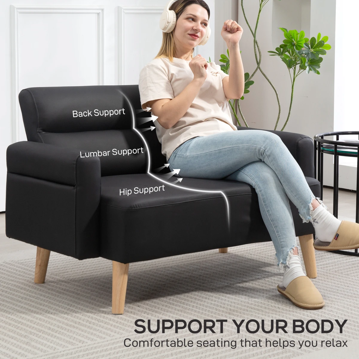 HOMCOM 2 Seater Sofa Compact Faux Leather For Small Spaces - Sofa