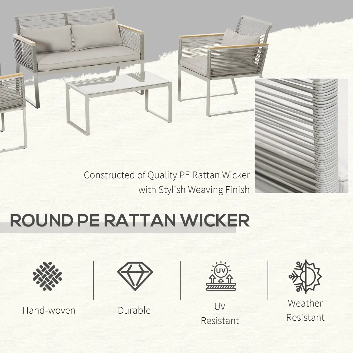 Outsunny 4-Seater Patio Wicker Sofa, Metal Frame PE Rattan Tempered Glass Table Grey - Garden Set