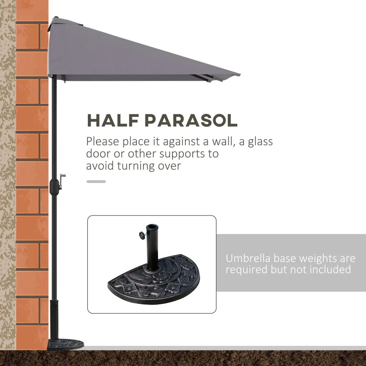 Outsunny Half Parasol Semi Round UmbrellaCrank 2.3m, Grey NO BASE INCLUDED - Parasol