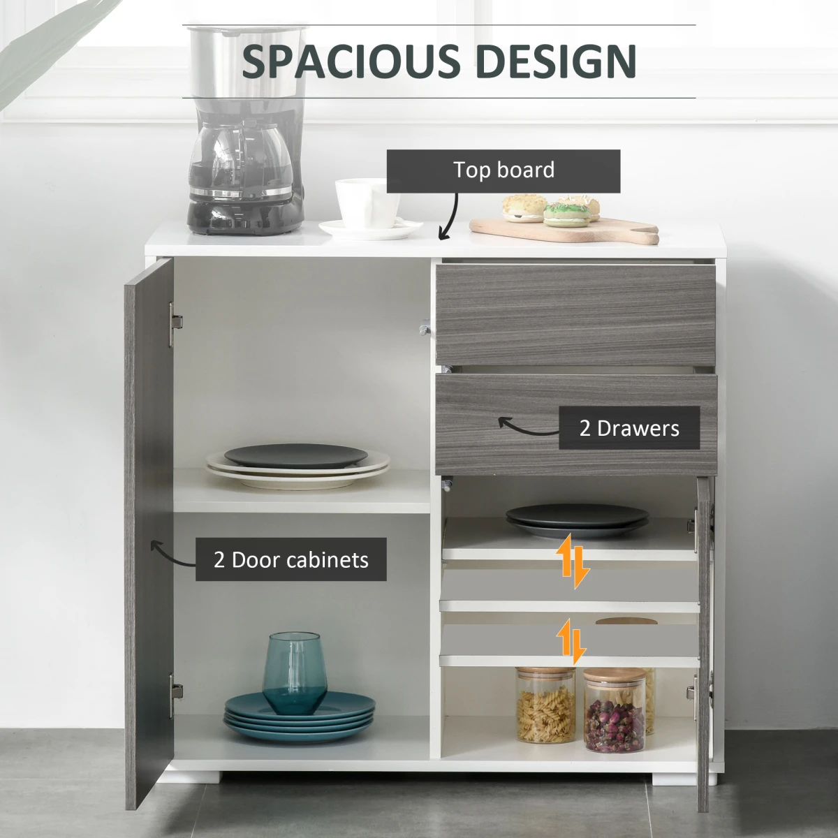 HOMCOM Premium Side Cabinet Compact Two Doors Two Drawers Glossy Top Matte Front Grey For Home Office - Sideboard