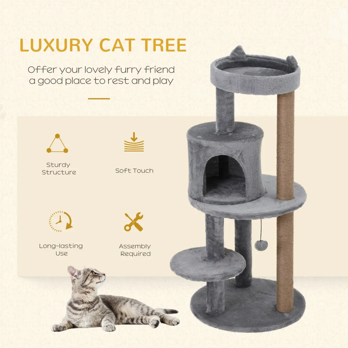 Pawhut 104cm Deluxe Cat Activity Tree w/ Scratching Posts Ear Perch House - Grey - Cat Tree