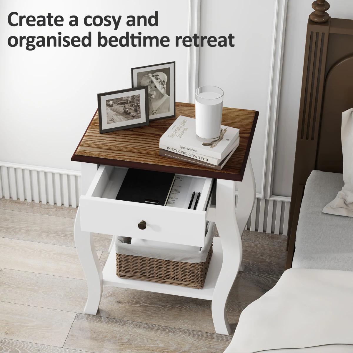 HOMCOM Bedside Tables 2 Pack Compact White Wood Top Drawer And Shelf Bedroom Storage - Bedside Table