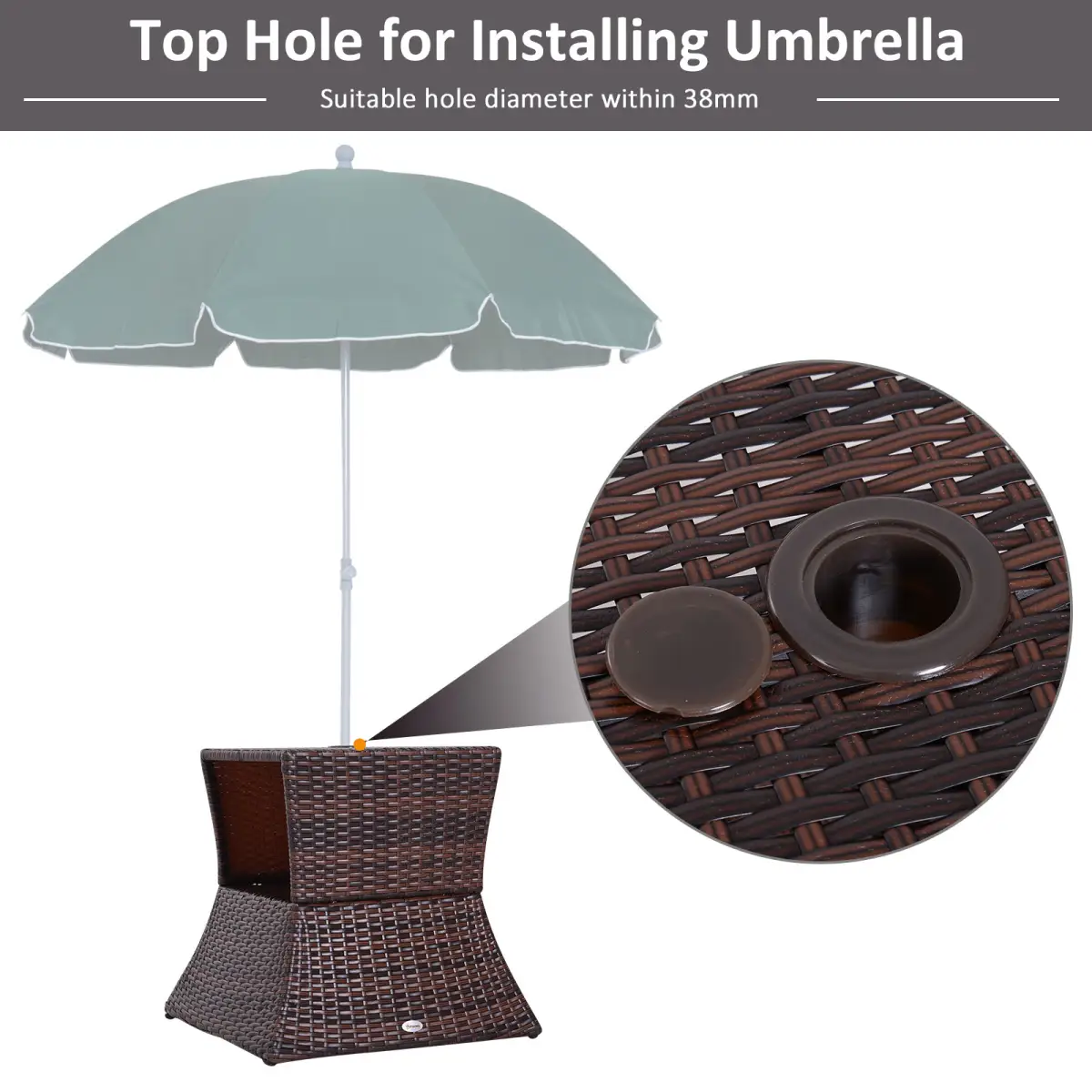 Outsunny Outsunny Rattan Wicker Tea Coffee Table w/ Umbrella Hole Storage Space Brown - Garden Table