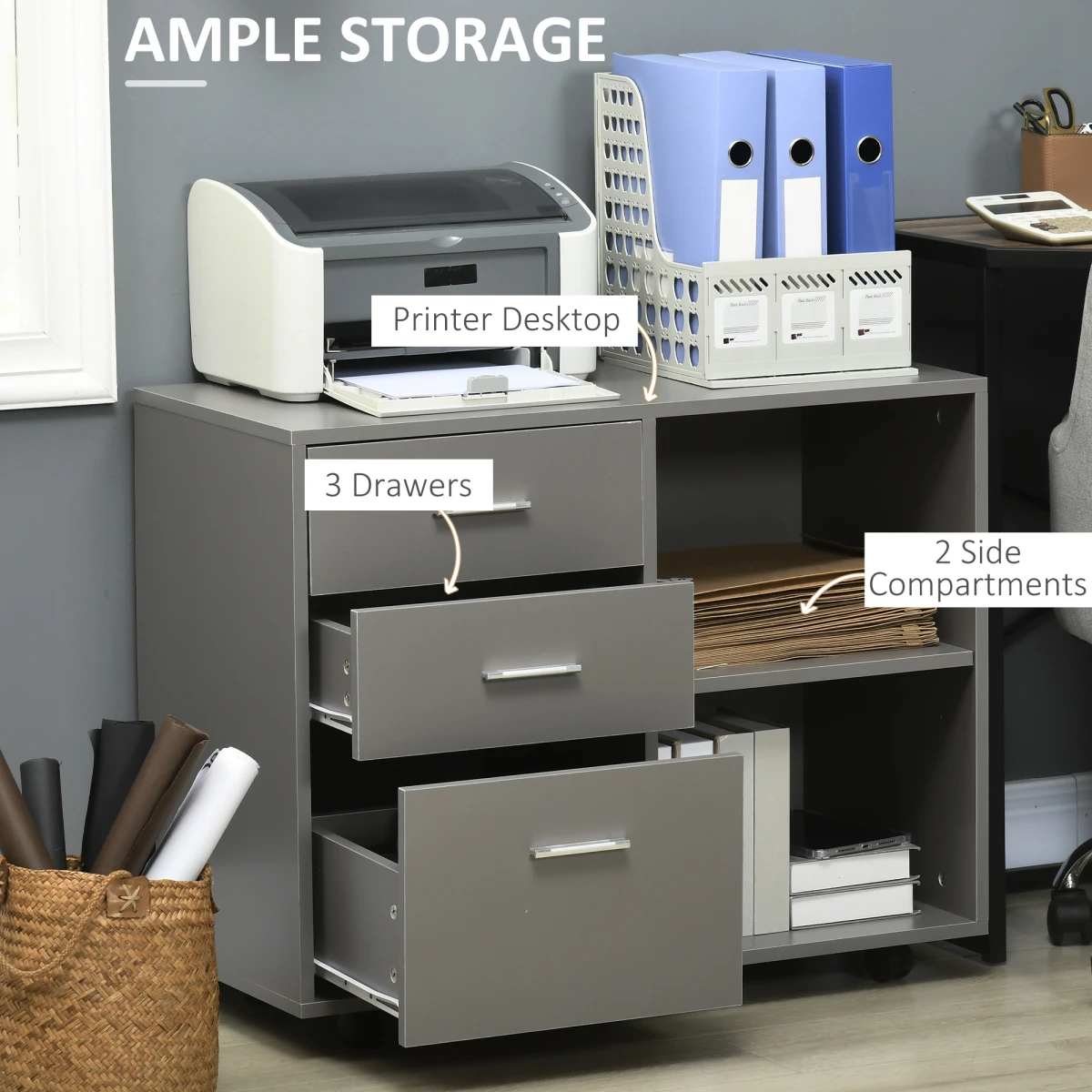 Sturdy Grey Freestanding Storage Cabinet With 3 Drawers And 2 Shelves On Wheels For Home Office by HOMCOM