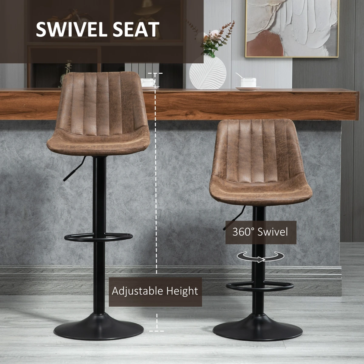 HOMCOM Set Of 2 Microfibre Retro Tub Bar Stools w/ Metal Frame Footrest Home Seat Brown -