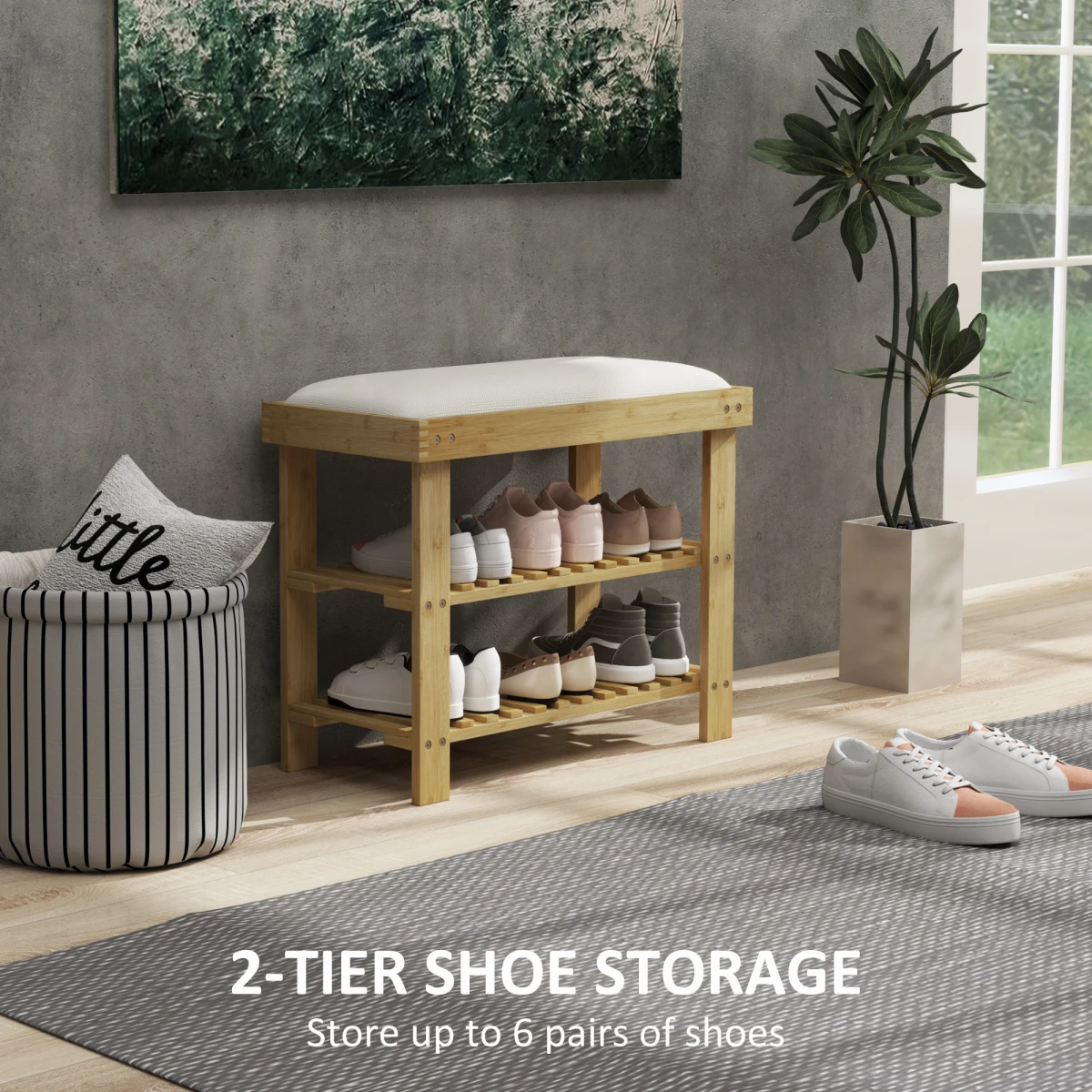 HOMCOM HOMCOM 3-Tier Shoe Storage Bench, Bamboo Shoe Rack for Entryway, Cream -