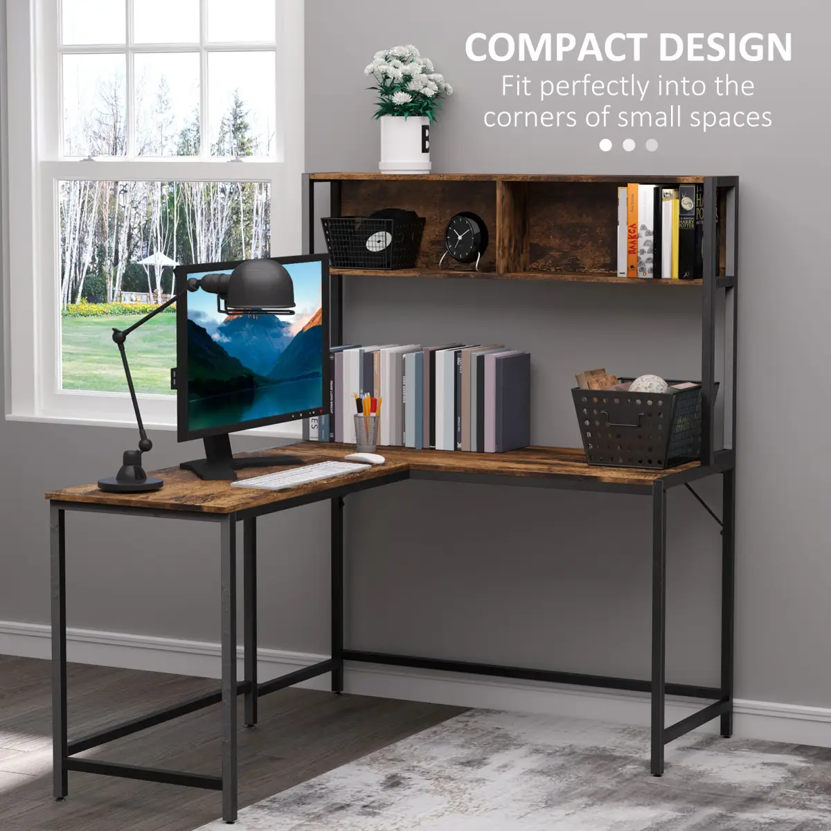HOMCOM 149x140x125cm Industrial L-Shaped Desk w Shelf - Brown & Black - Desk