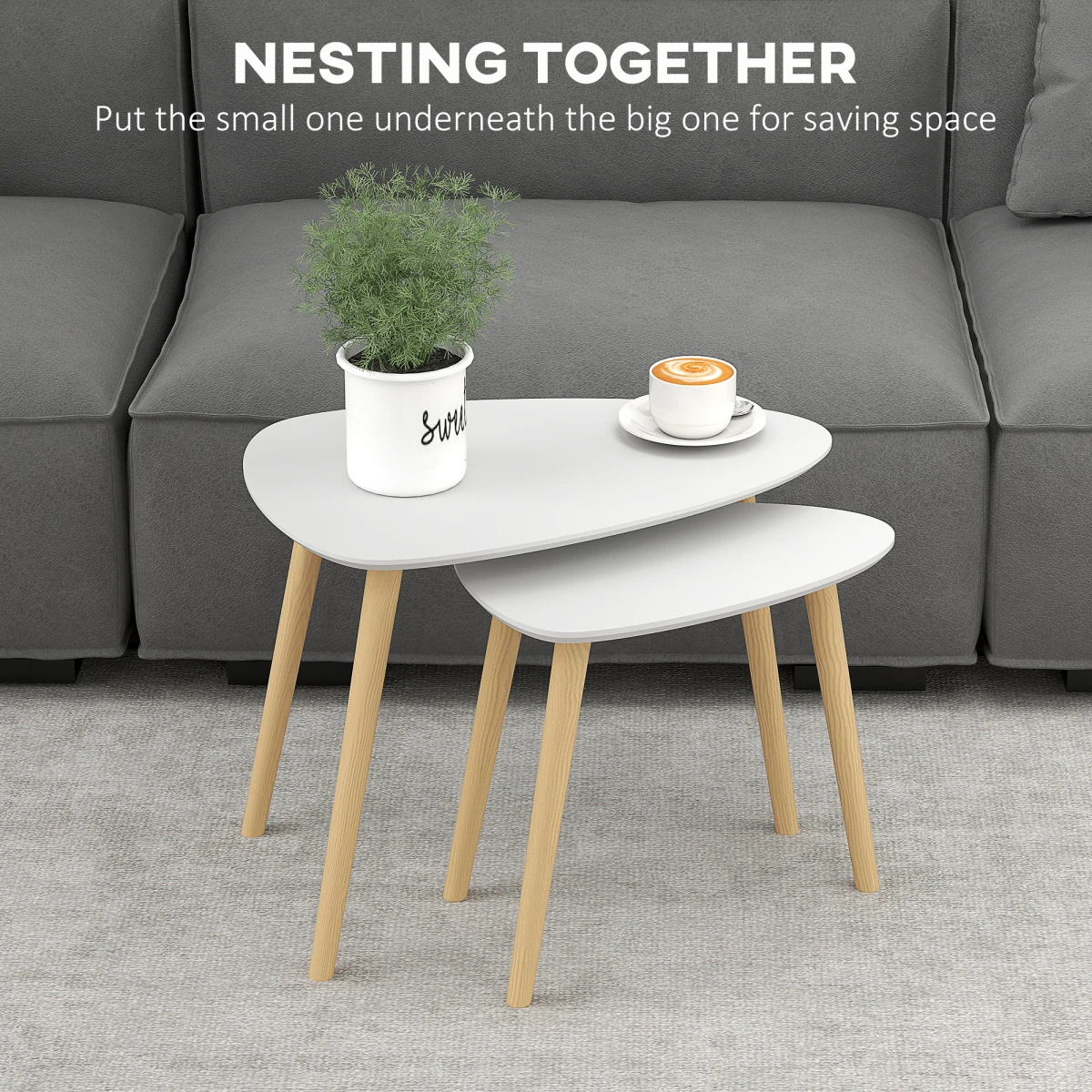 HOMCOM Nesting Side Tables Set Of 2 Two-Tier Modern Scandinavian Grey With Natural Wood Legs Living Room by HOMCOM