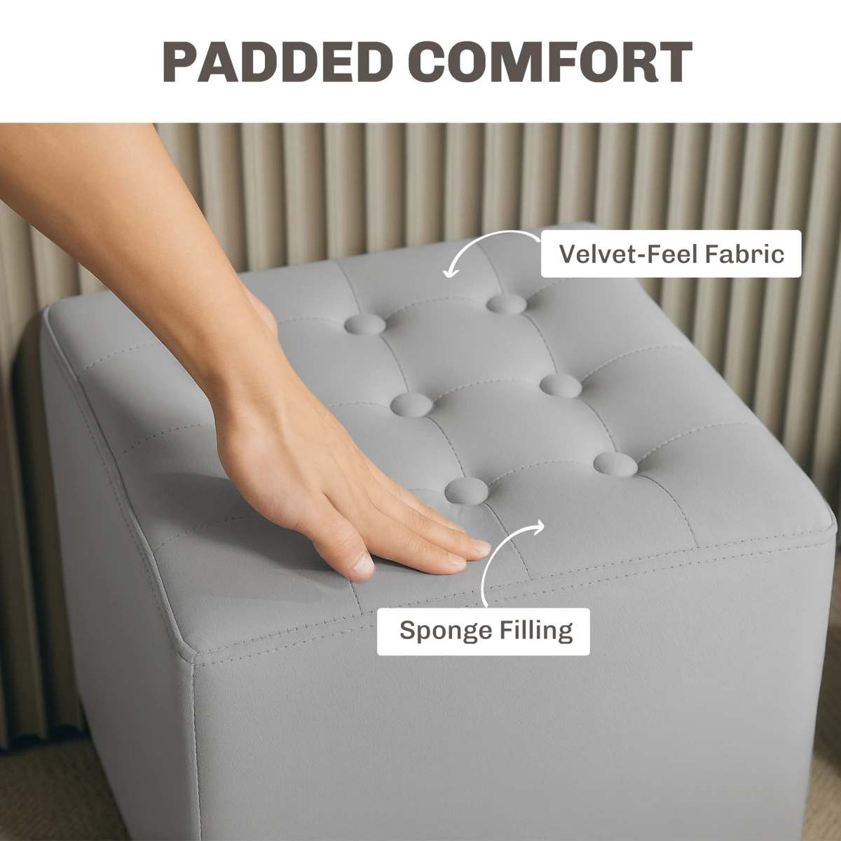 HOMCOM Compact Velvet Tufted Square Footstool With Wood Legs For Bedroom Light Grey - Footstool