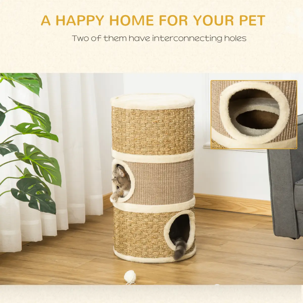 Unbranded Cat Scratching Barrel Kitten Tree Tower with Sisal and Seaweed Rope Pawhut - Cat Tree