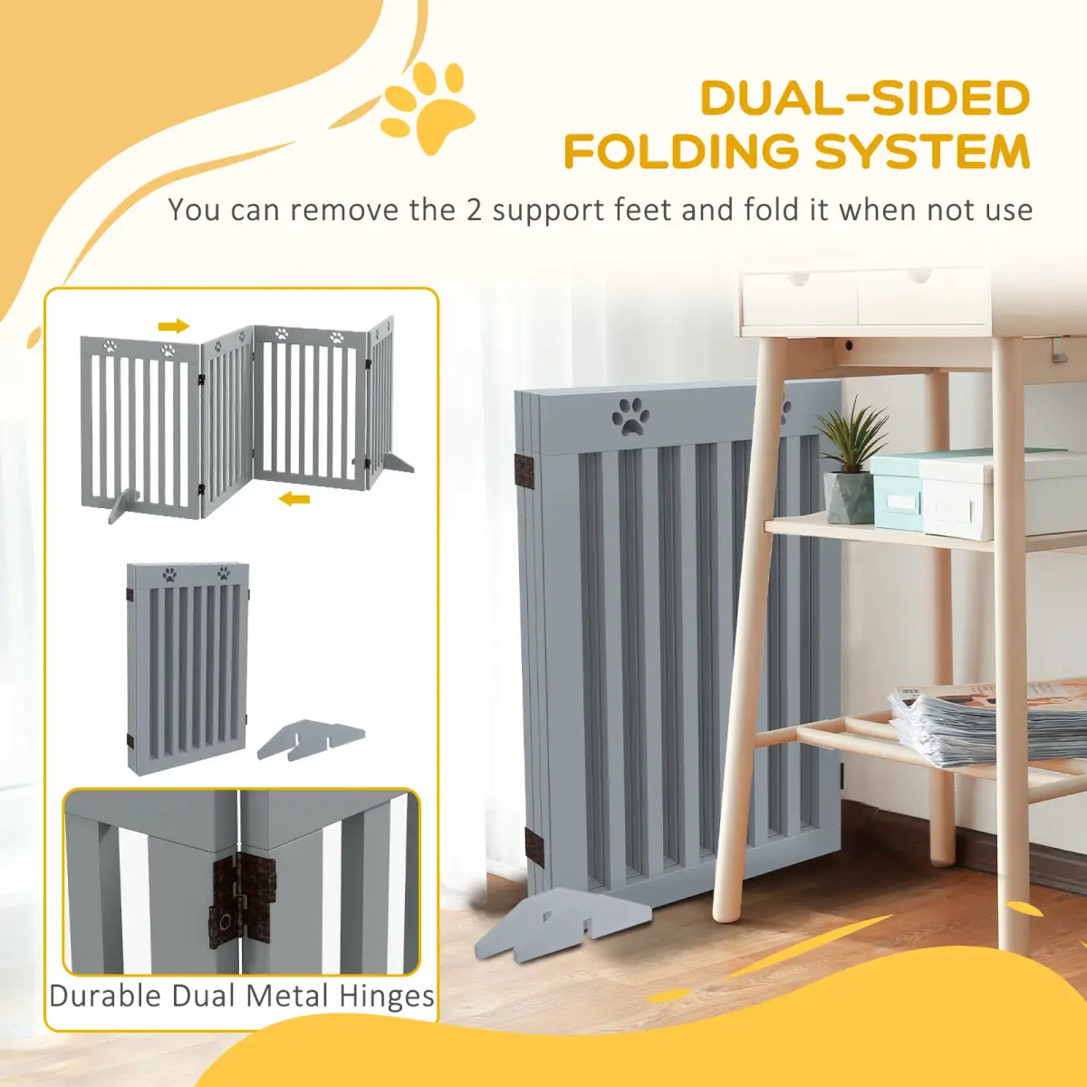 PawHut PawHut Pet Gate Foldable Fence Freestanding Dog Barrier w/ Support Feet Grey - Pet Gate
