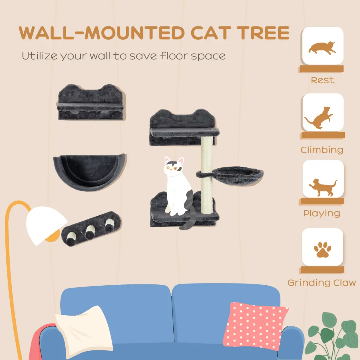 PawHut PawHut 4PCs Wall Mounted Cat Tree Cat Wall Shelves W/ Scratching Post Dark Grey - Cat Tree