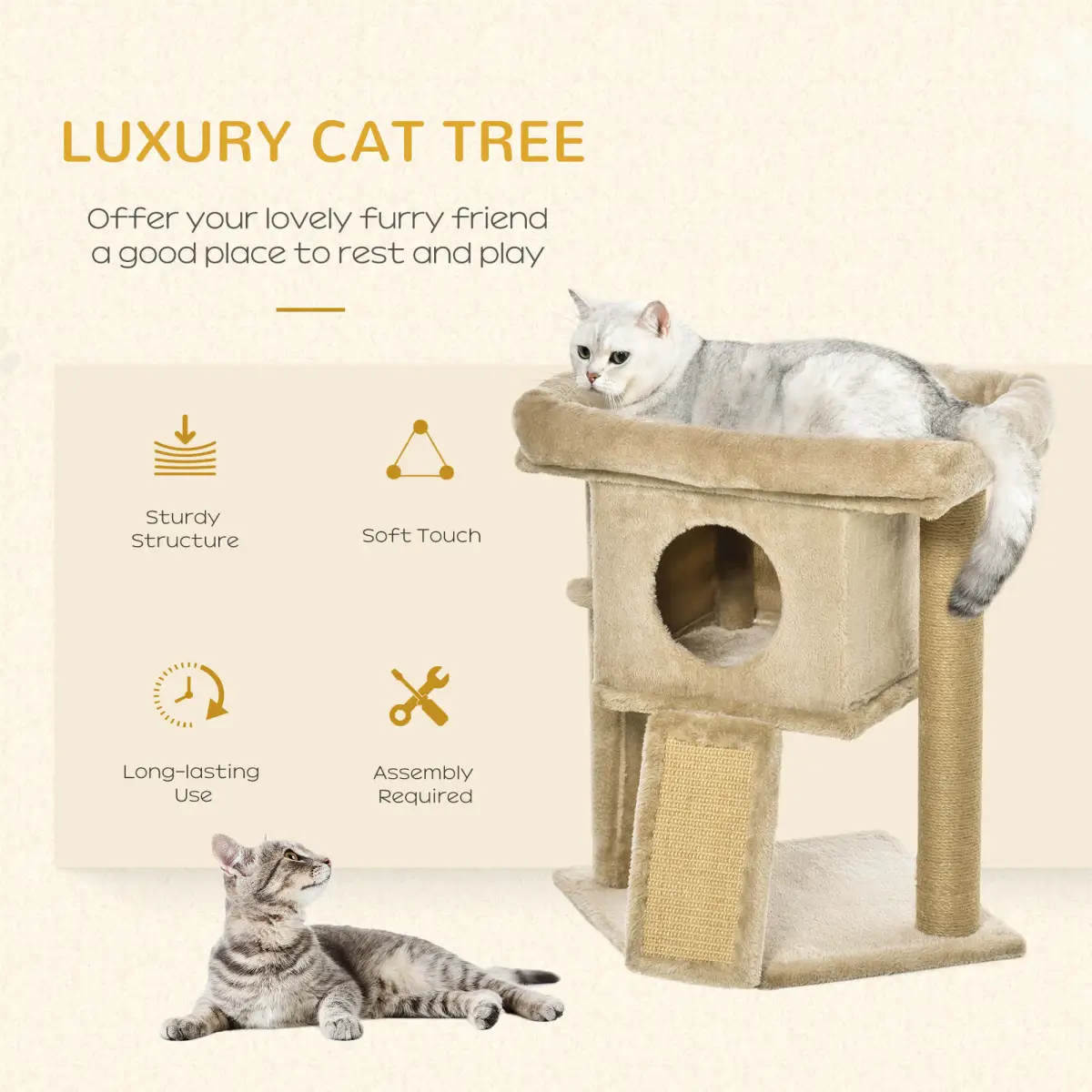 Pawhut Cat Tree Tower W/ Jute Scratching Pad, Toy Ball, Cat House 66x38x88 cm - Coffee - Cat Tree