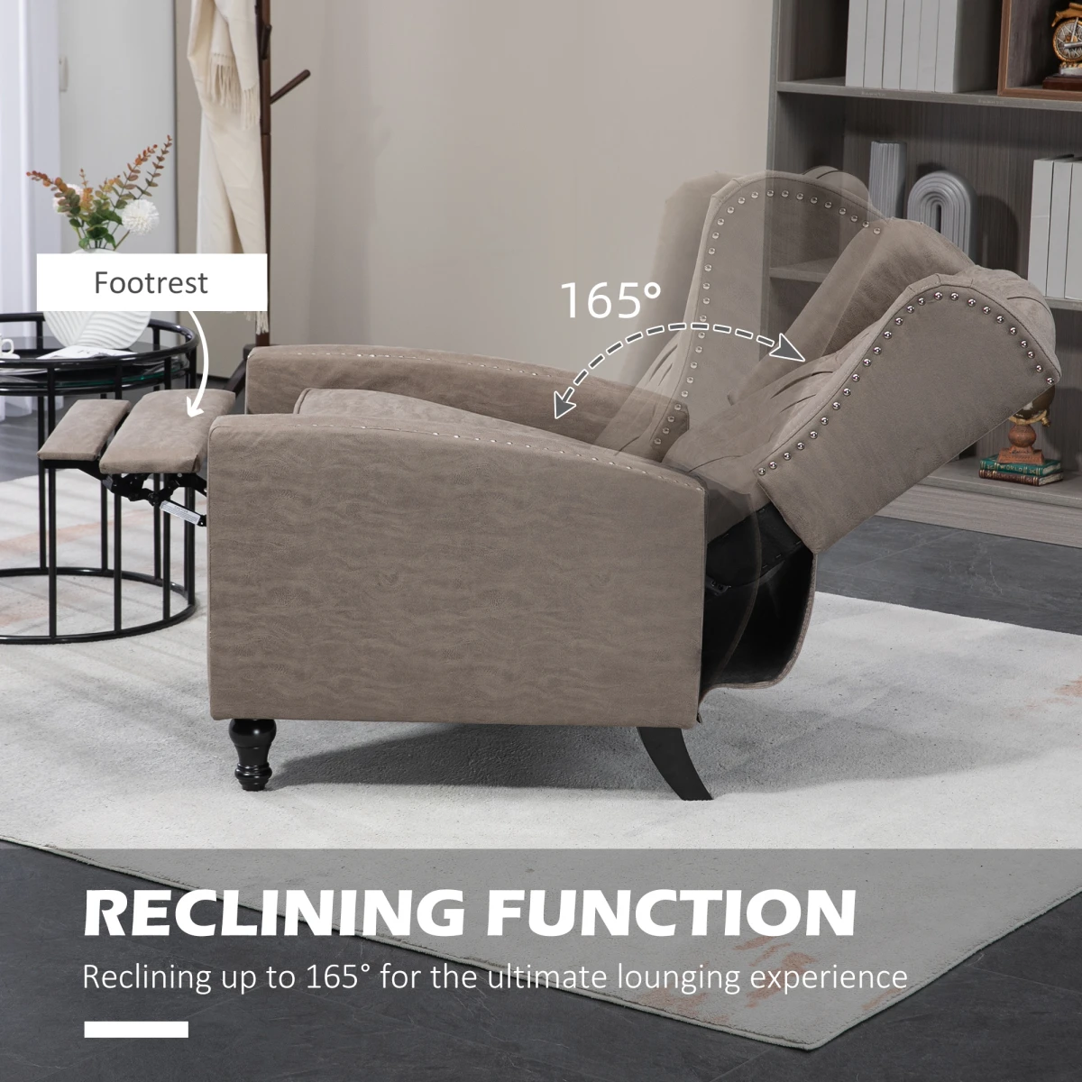HOMCOM Armchair Standard Size Manual Reclining Footrest Nailhead Trim Brown Living Room by HOMCOM