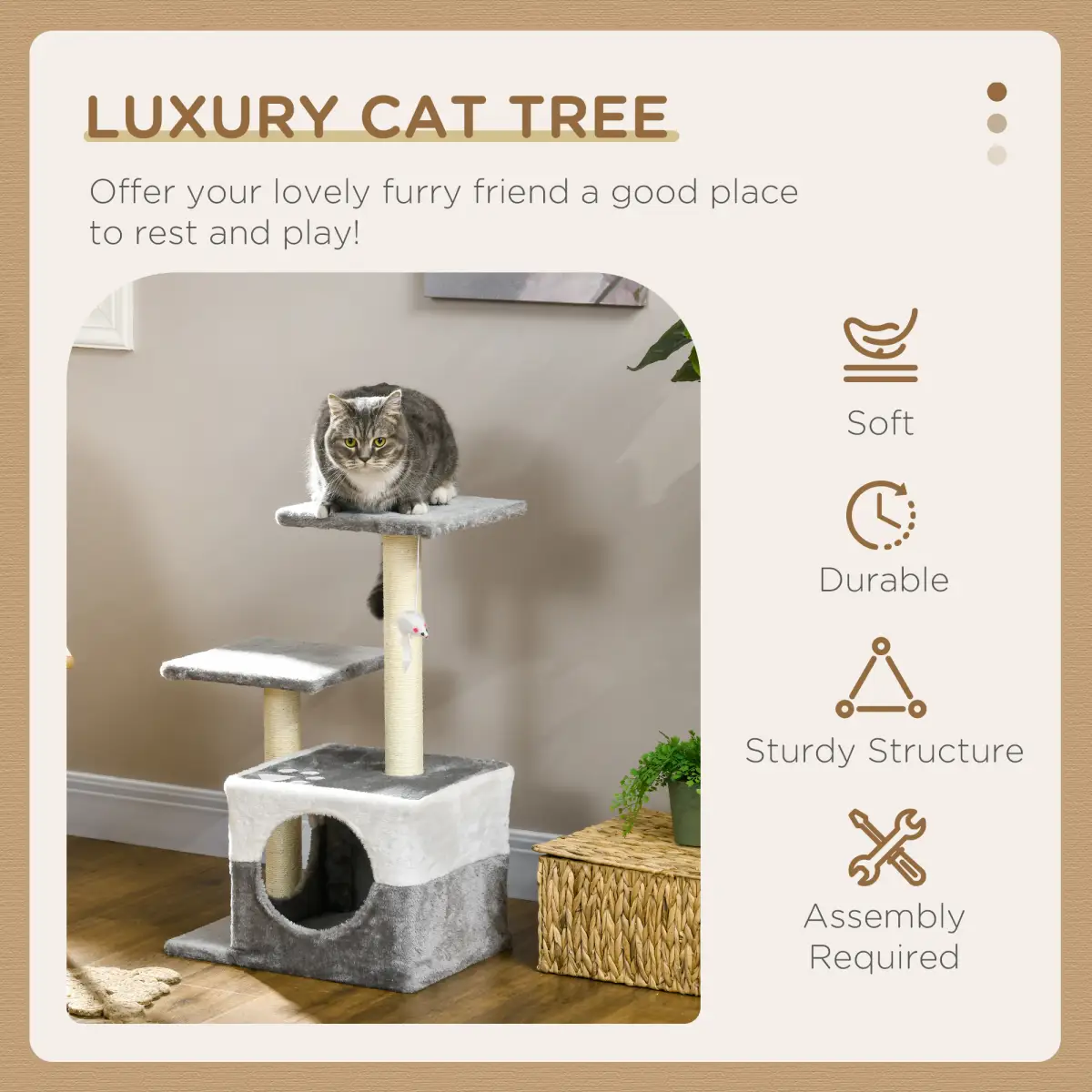 PawHut PawHut Cat Tree w/ Sisal Scratching Posts, House, Perches, Toy Mouse - Grey - Cat Tree