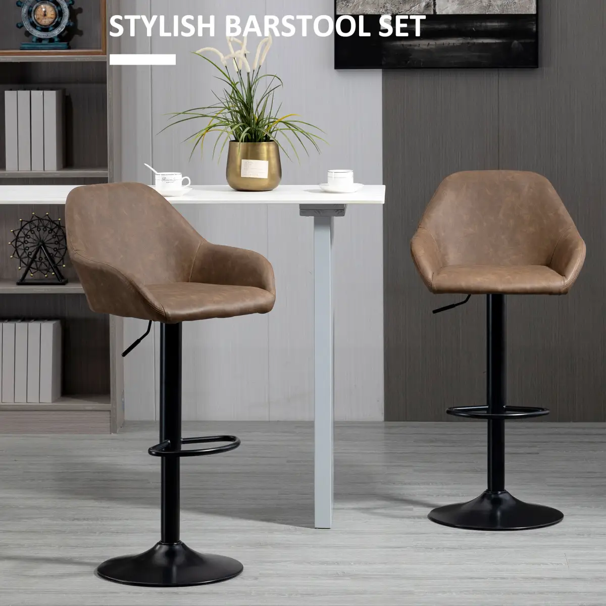 HOMCOM Set of 2, Swivel Barstools Footrest Backrest, PU Leather and Steel Brown - Bar Stool