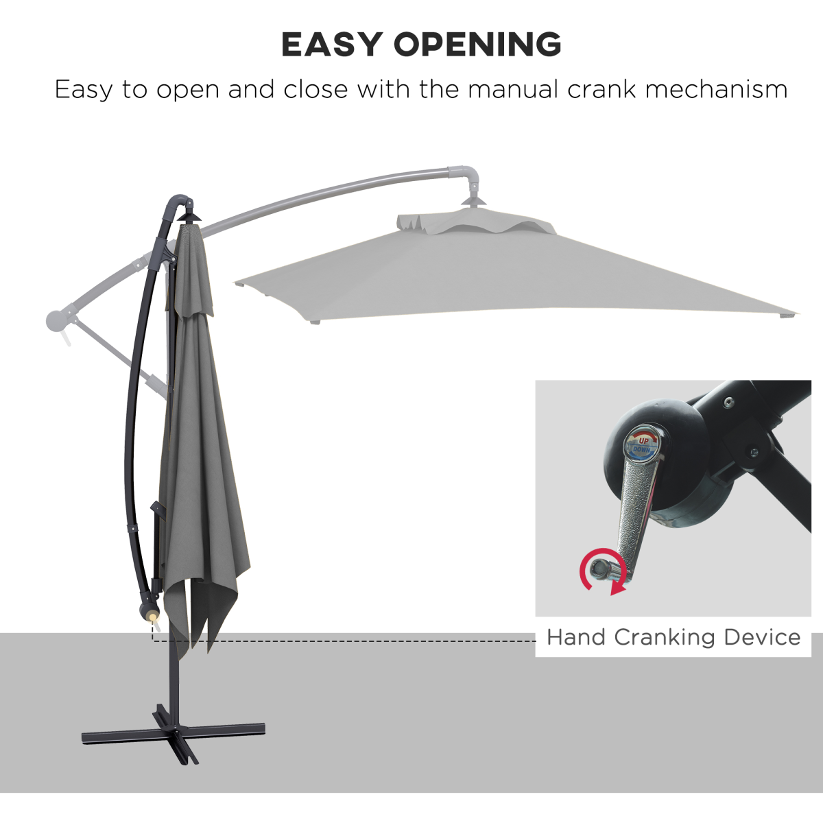 Outsunny Outsunny 3 m Cantilever Parasol with Cross Base, Crank Handle, 6 Ribs, Grey - Parasol