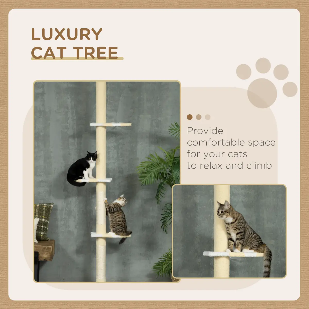 Unbranded 260cm Height Adjustable Floor-To-Ceiling Cat Tree w/ Anti-Slip Kit - Yellow - Cat Tree