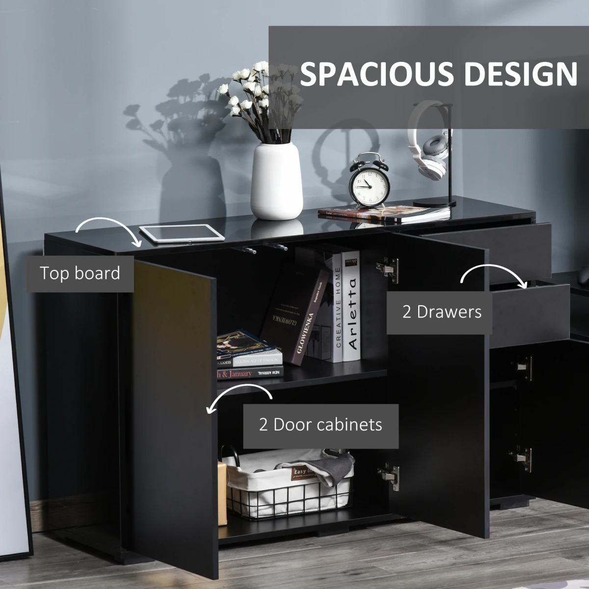 Unbranded Premium Side Cabinet 72W x 18D x 30H Glossy Top Matte Fronts With 2 Doors And 2 Drawers For Home Office - Sideboard