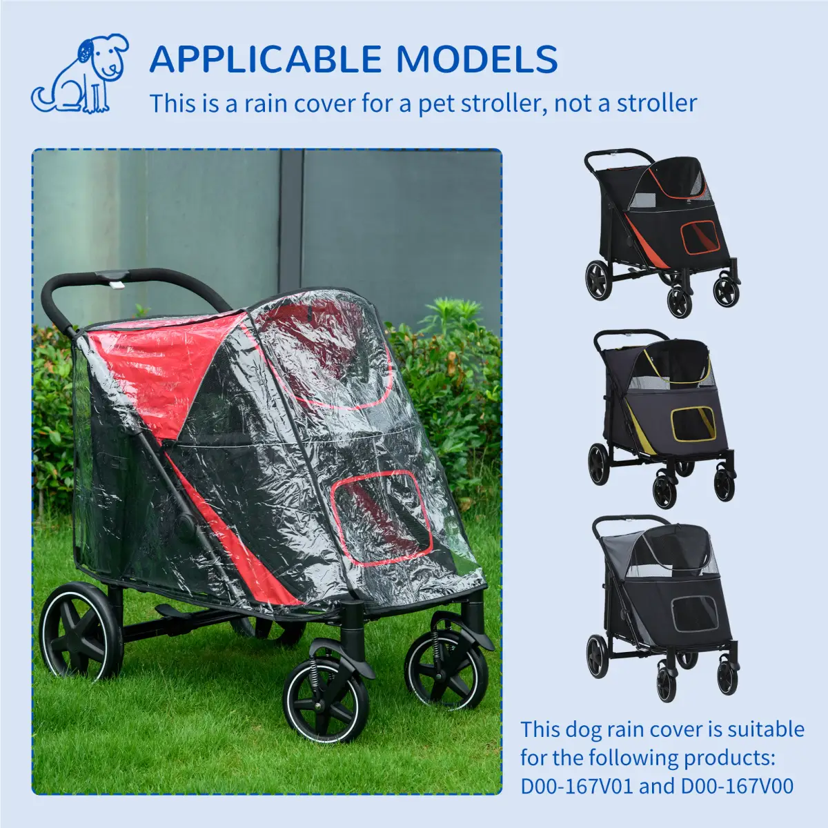 PawHut Rain Cover for Dog Pram Stroller Buggy, for Large, Medium Dogs with Rear Entry - Pet Carrier