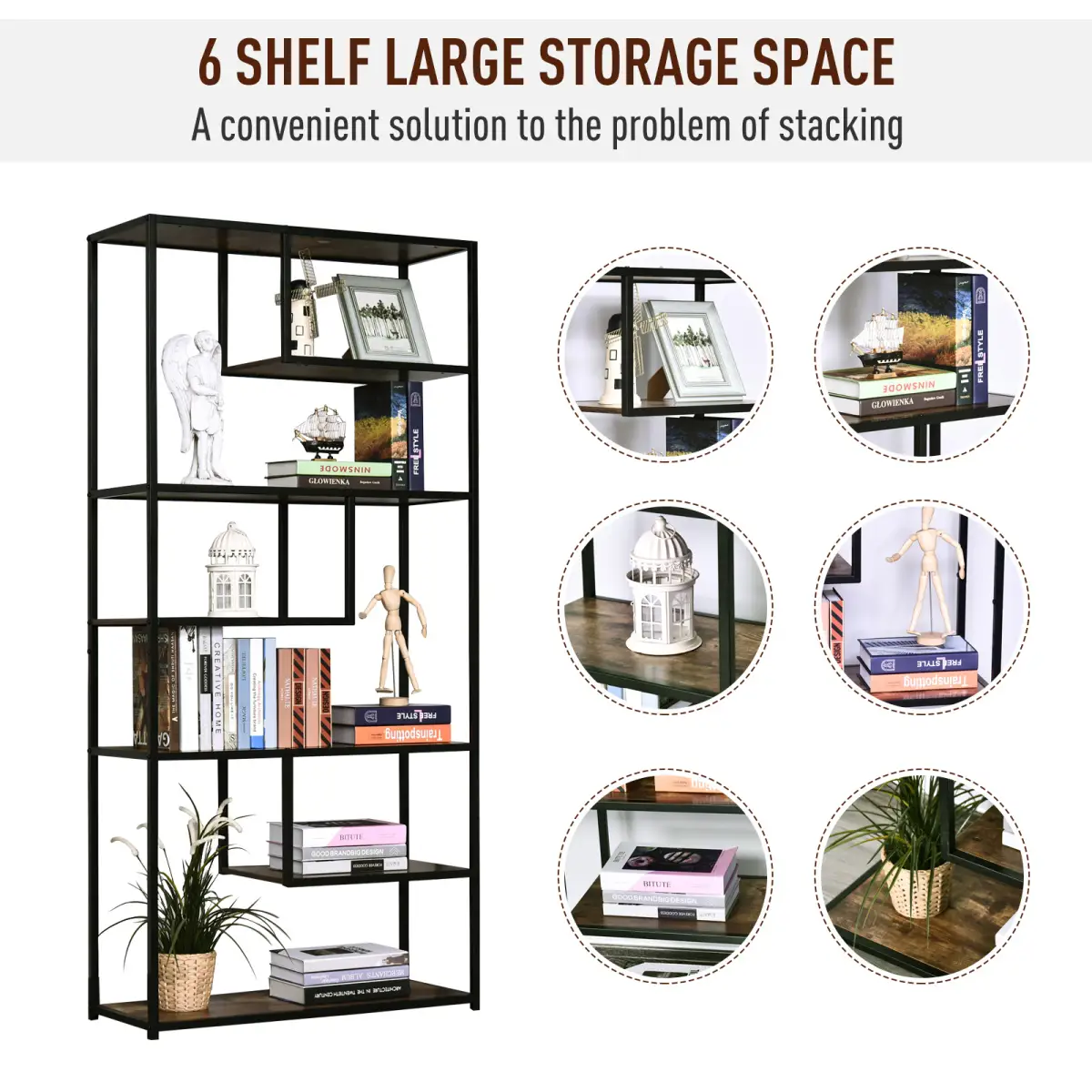 Unbranded Wood Bookshelf Industrial Style Stand 6-Tier Living Room Display Rack Organiser - Wine Rack