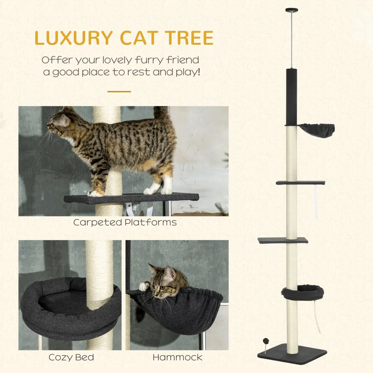 PawHut PawHut Floor-To-Ceiling Cat Tree, Height Adjustable, Black - Cat Tree