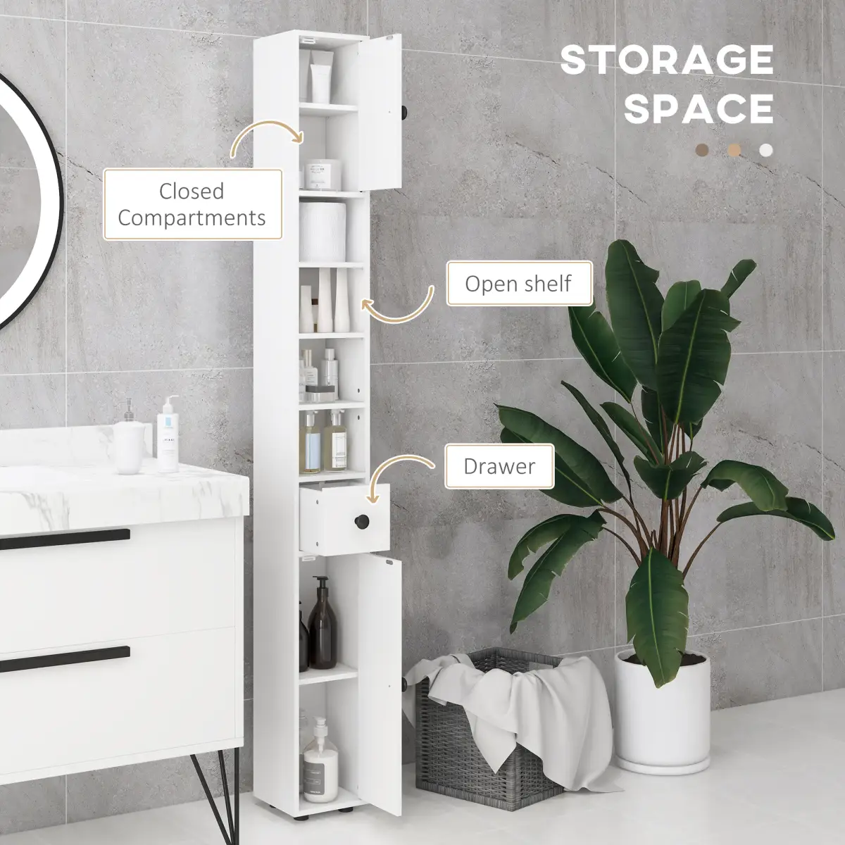 kleankin Kleankin Slim Bathroom Cabinet, Toilet Roll Storage w/ Open Shelves, White - Display Cabinet