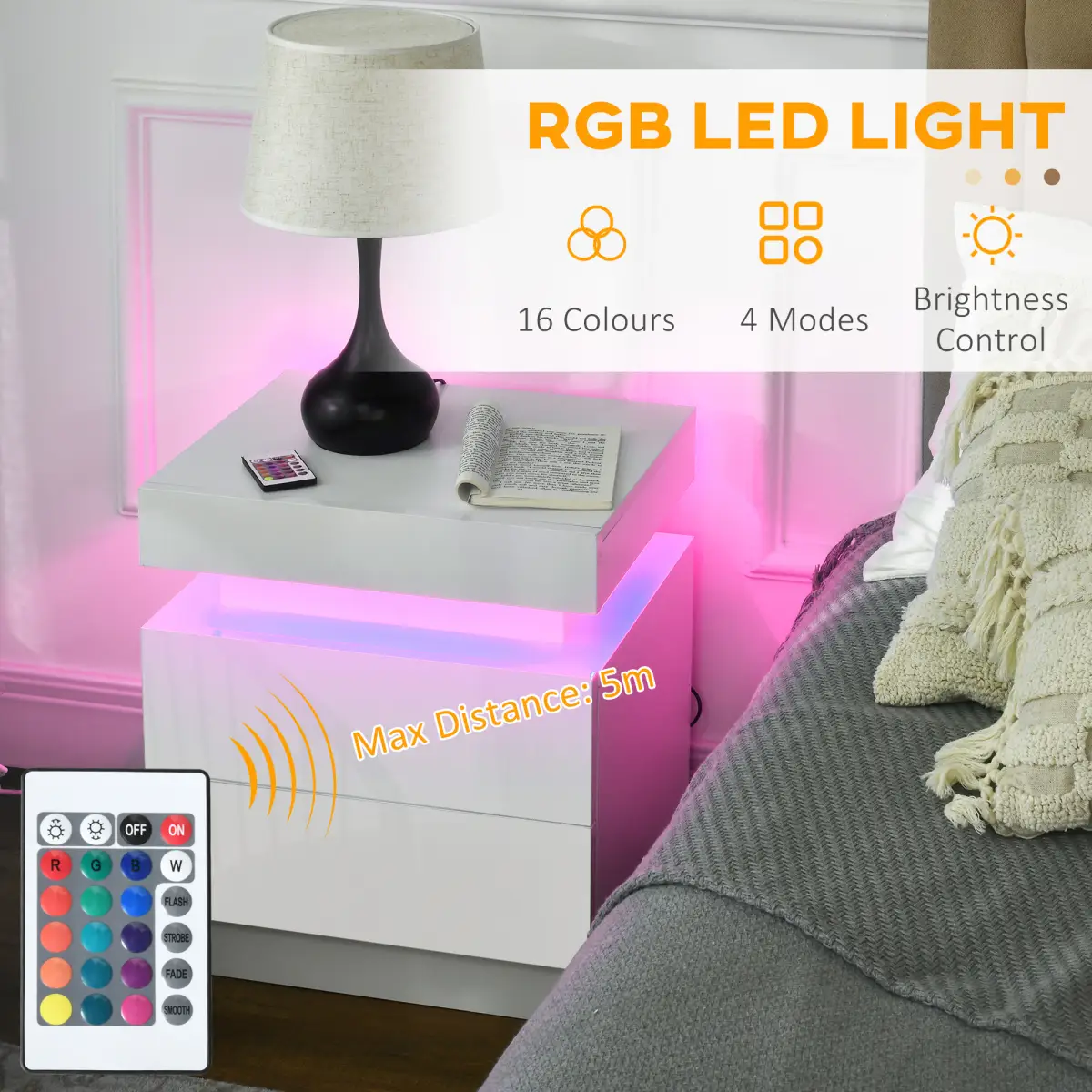 HOMCOM HOMCOM White Bedside Table, High Gloss Front Nightstand w/ LED Light, 2 Drawers - Bedside Table