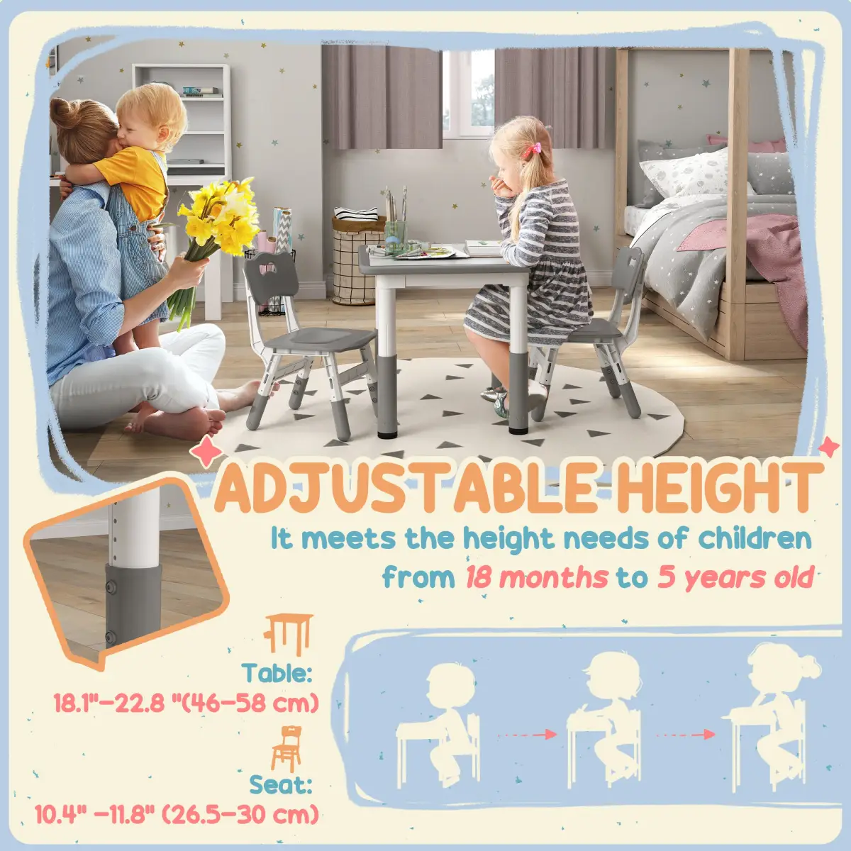AIYAPLAY AIYAPLAY 3 Pcs Height Adjustable Kids Table and Chair Set for Playroom - Grey - Picnic Tables