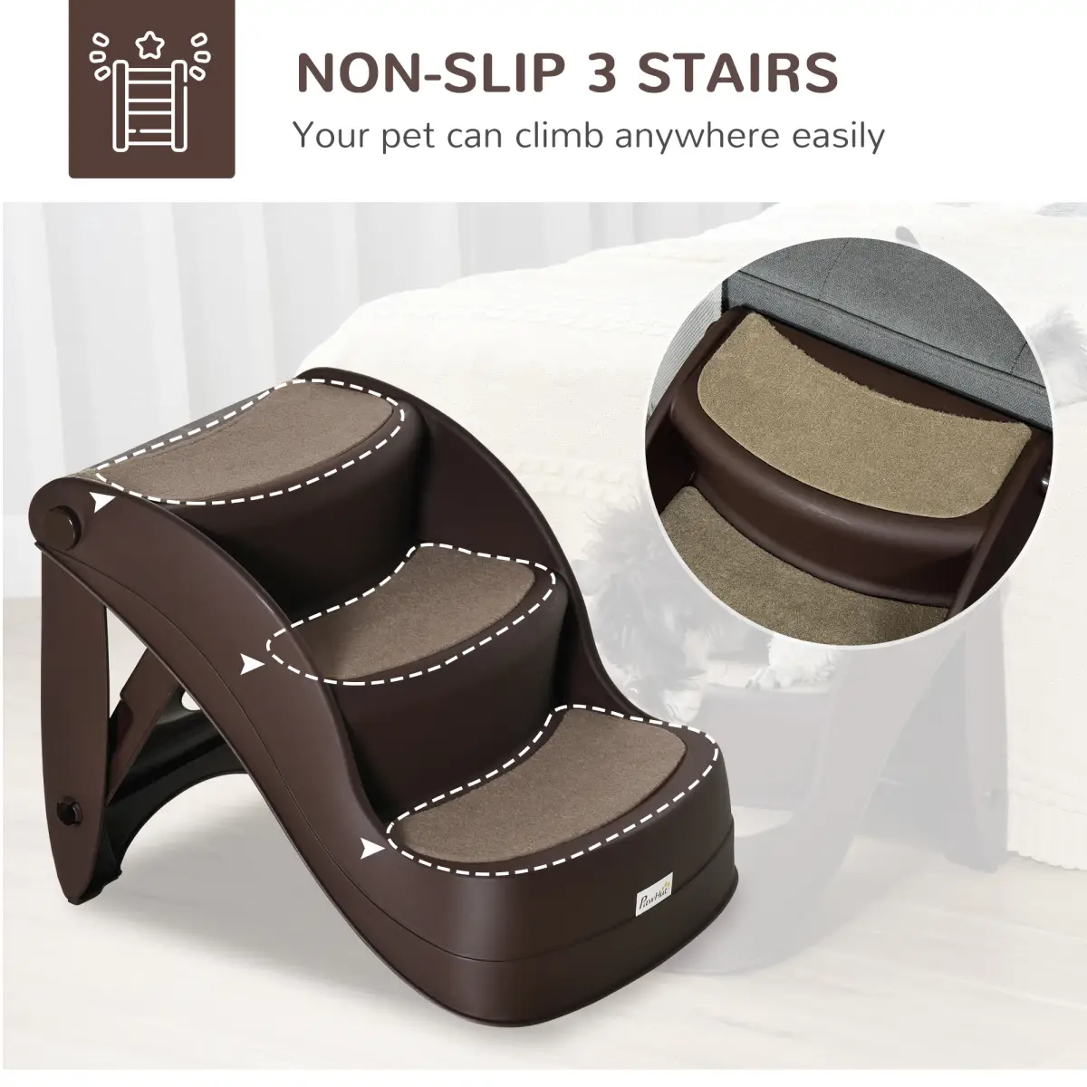 Unbranded Portable Dog Steps Non-slip Pet Stairs 3-Step Design for High Beds Sofas, Brown - Dog Steps