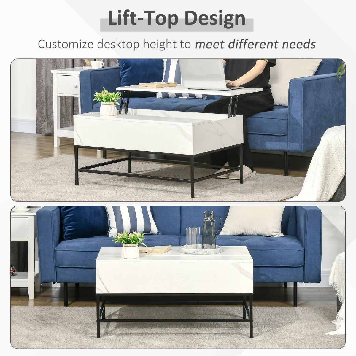 HOMCOM Lift-Top Coffee Table 80x40x45 cm With Hidden Storage White Marble Finish For Living Room by HOMCOM