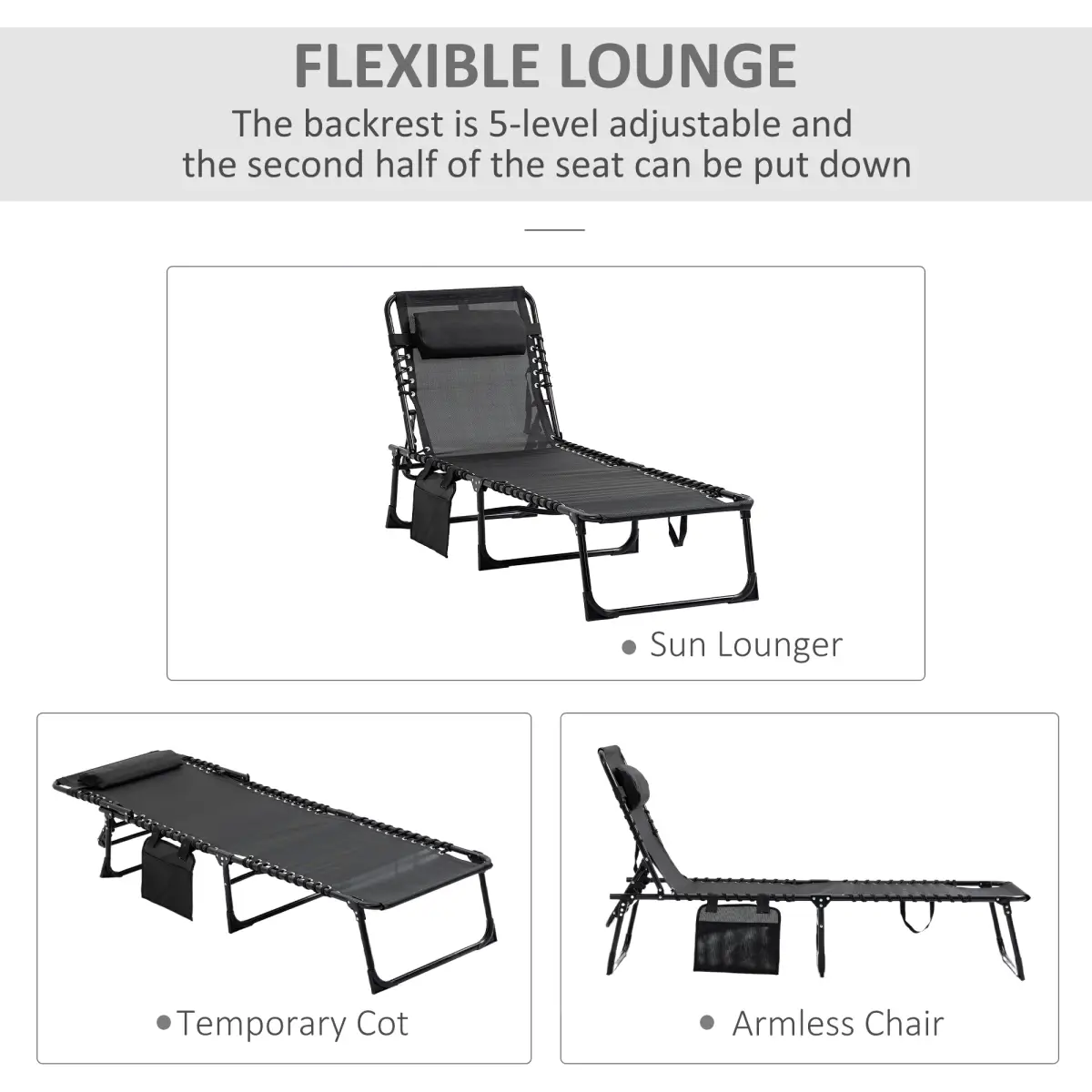 Outsunny Lounger Folding Reclining Camping Bed 5-position Adjustable Black - Sun Lounger