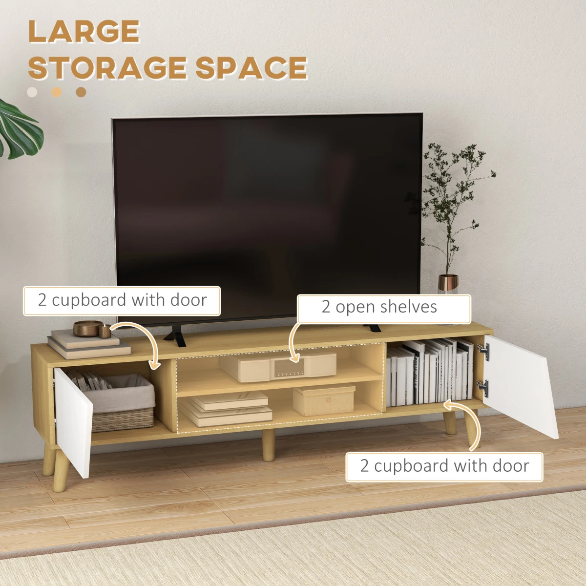 HOMCOM TV Stand 65in Oak With Shelves For Living Room - TV Unit
