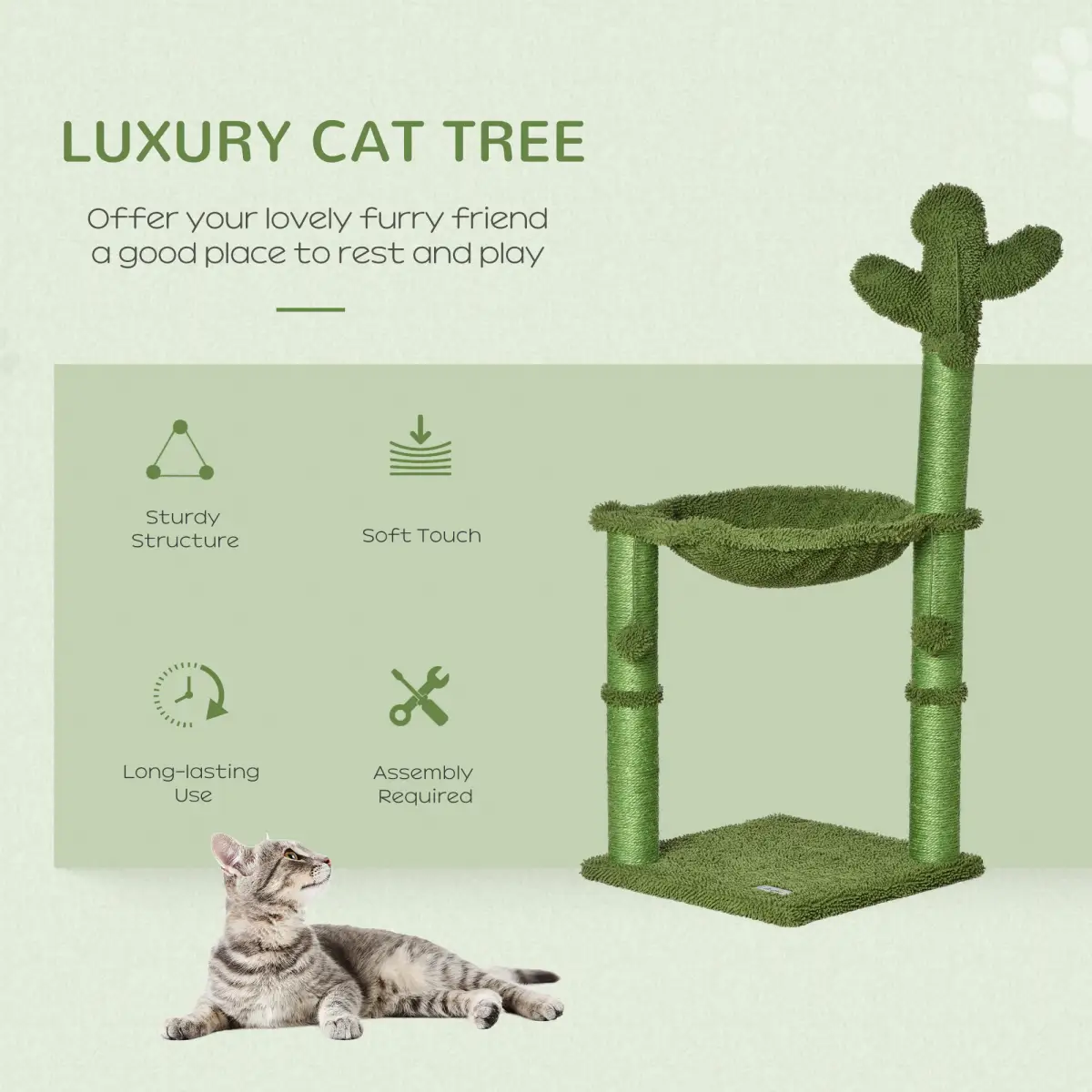 Pawhut Cactus Cat Tree for Indoor Cats w/ Scratching Post Hammock Bed Toy Ball - Green - Cat Tree